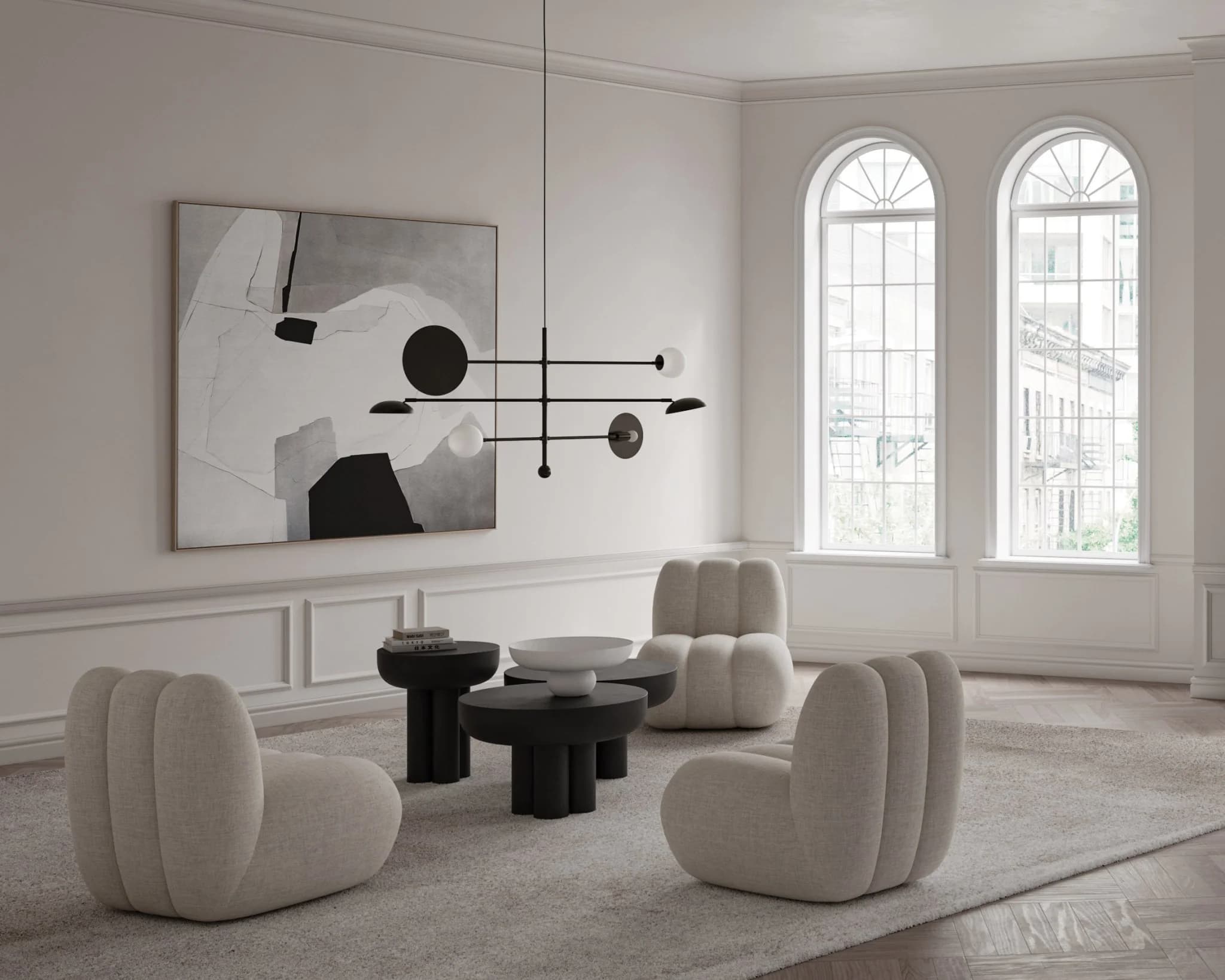 Obývacia miestnosť v minimalistickom štýle v bledých farbách