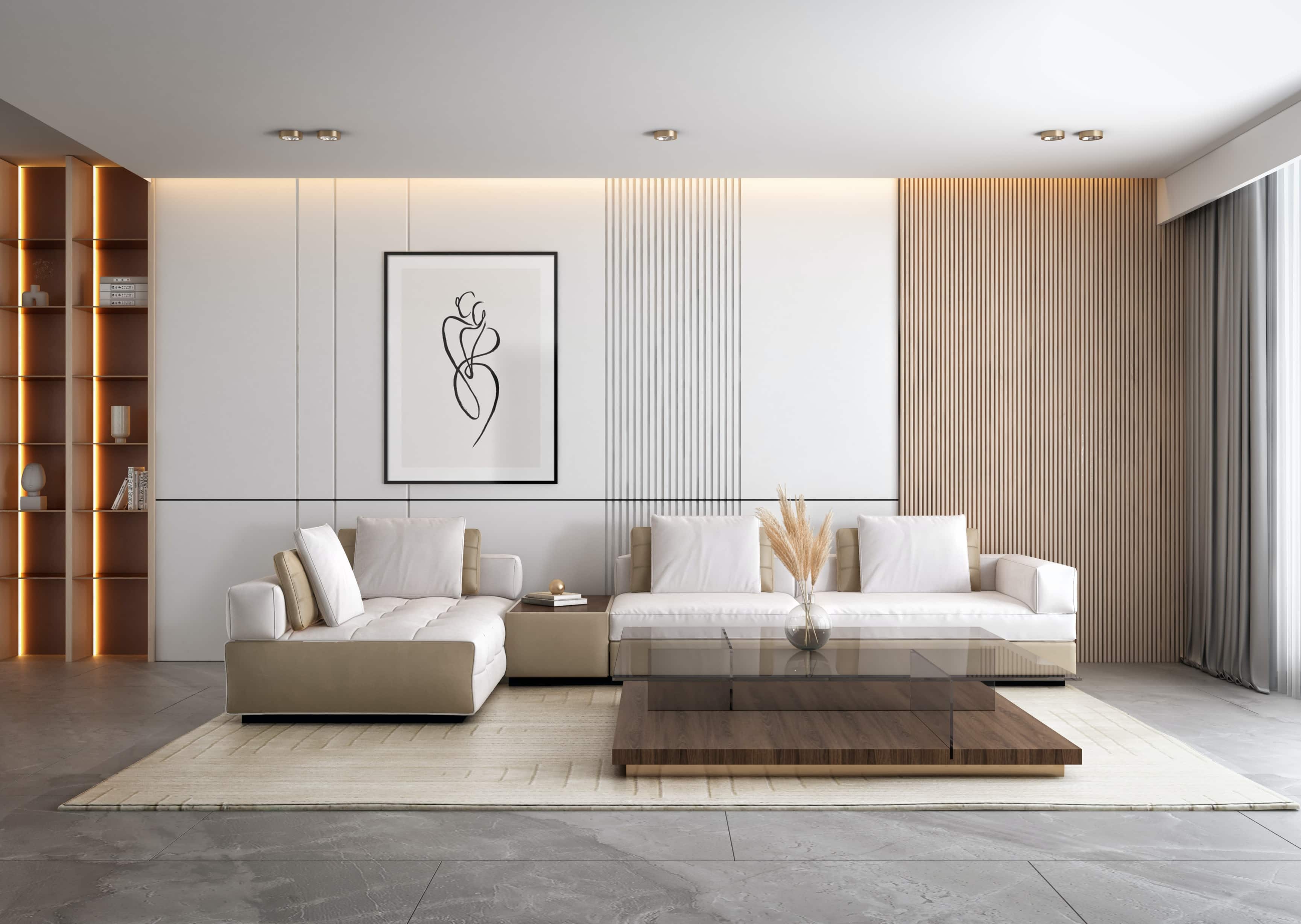 Moderná minimalistická obývačka zariadená v jednoduchosti