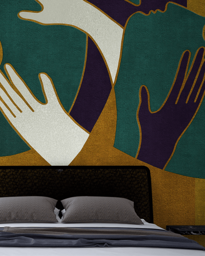 Moderná a originálna tapeta so vzorom rúk v zlato-zeleno-fialovo-bielej farbe značky Affreschi & Affreschi