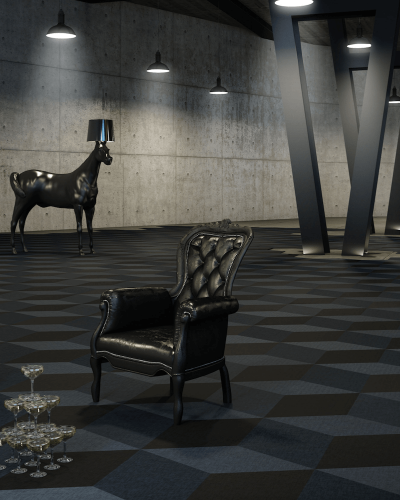 Dizajnový koberec do kancelárie alebo chodby s geometrickým vzorom v tmavo-šedej farbe značky Fletco