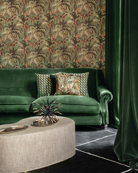 Zelené vzorované bytové textílie a záclony do obývačky značky Alhambra