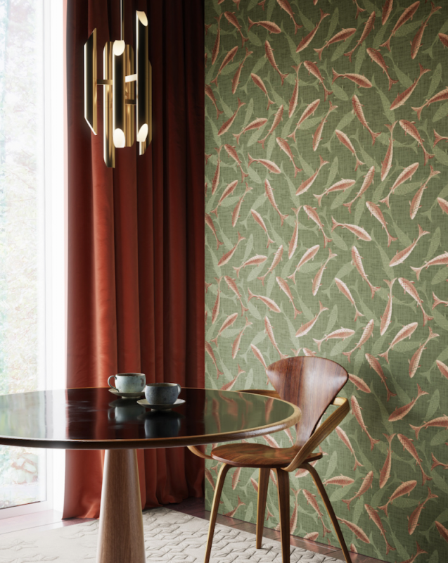 Luxusná a štýlová tapeta do jedálne s prírodným kvetinovým vzorom v zelenej farbe značky Masureel