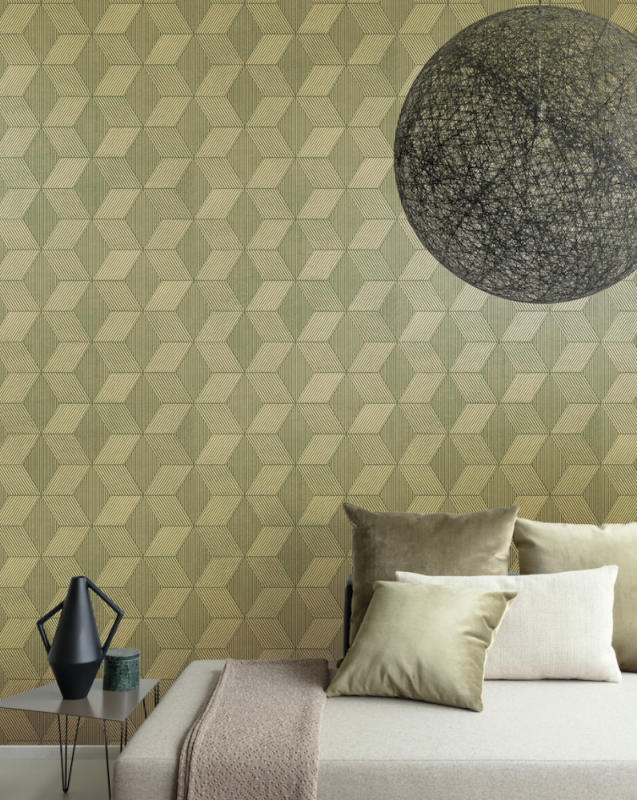 Moderná zelená tapeta s geometrickým vzorom do spálne značky Masureel