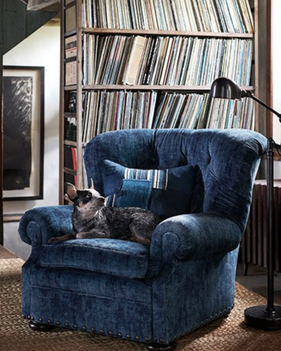 Luxusný modrý bytový textil na čalúnenie nábytku značky Ralph Lauren