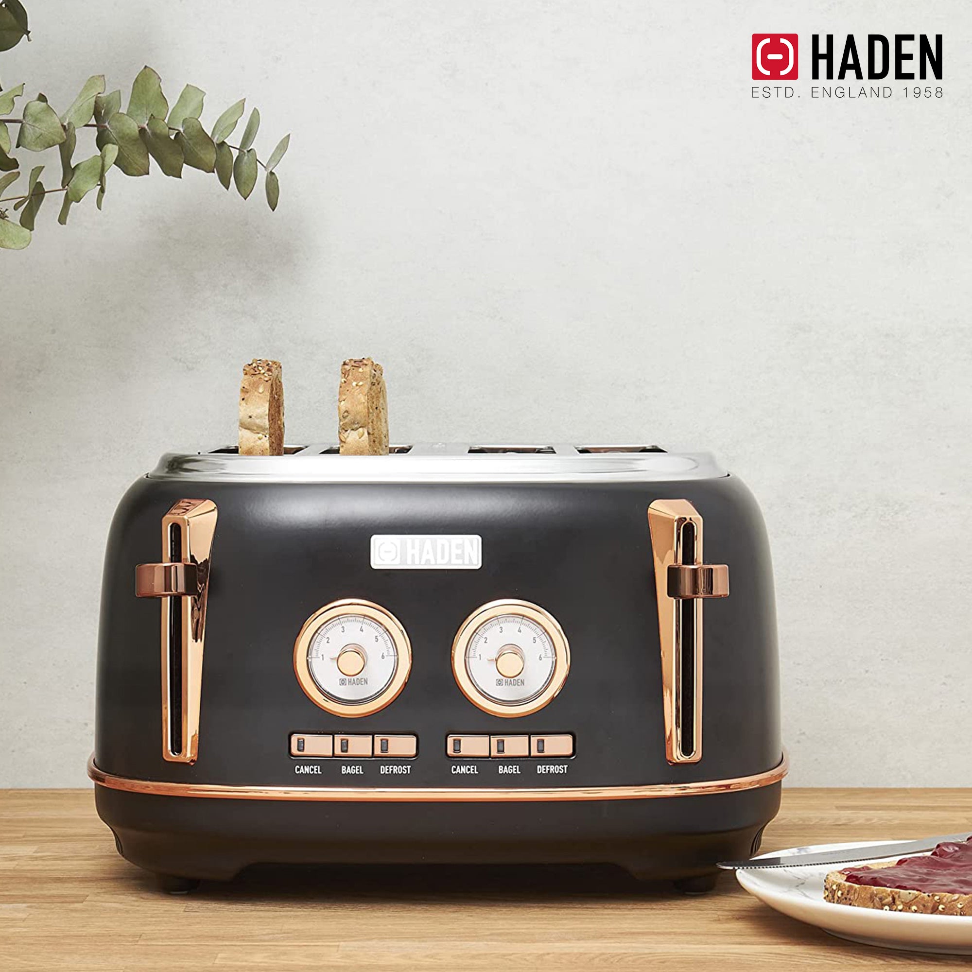 Haden Dorset 4 Slice Wide Slot Stainless Steel Toaster, Black & Copper - Image 6