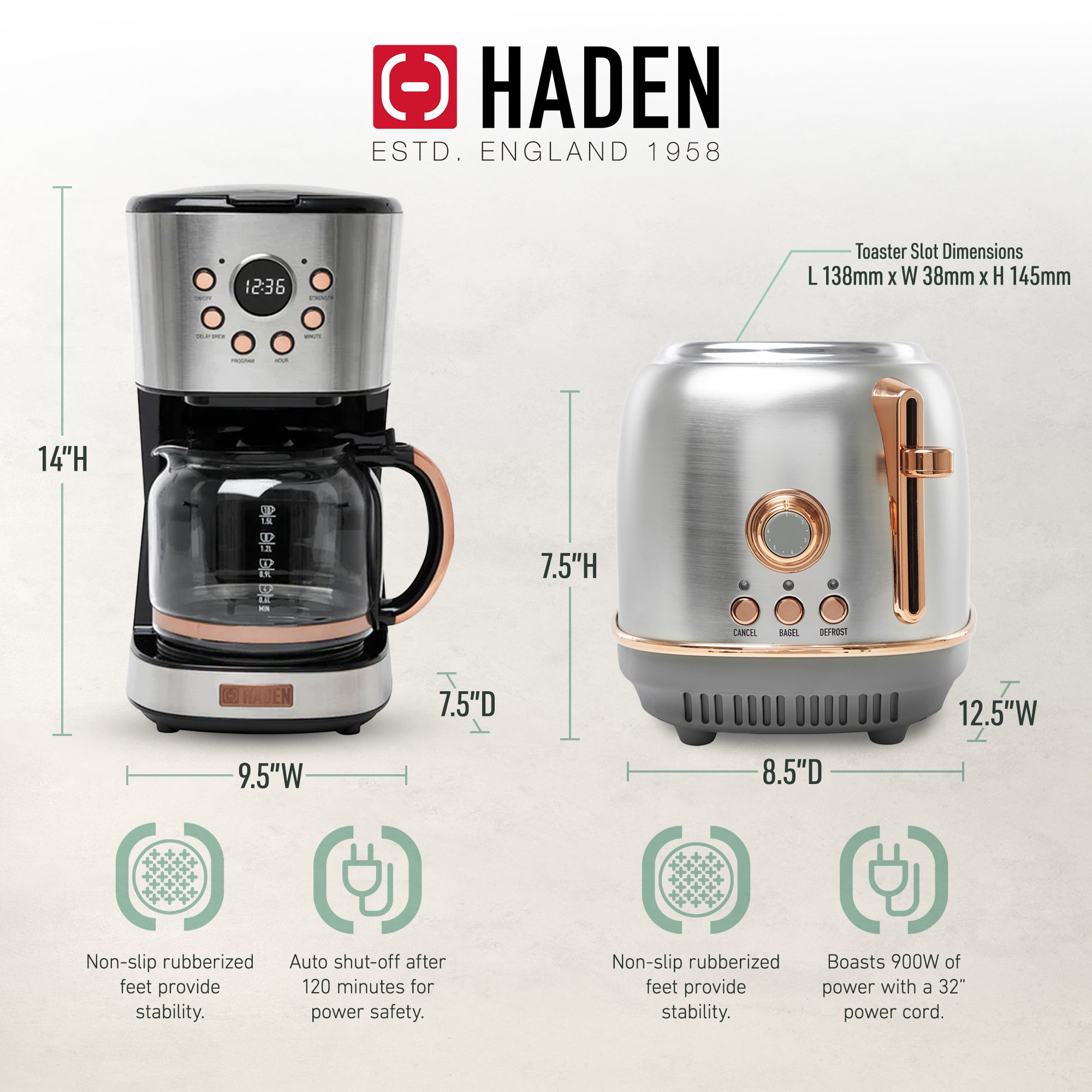 Haden Heritage 12 Cup Coffee Maker & 2 Slice Wide Slot Toaster Set, Steel/Copper - Image 5