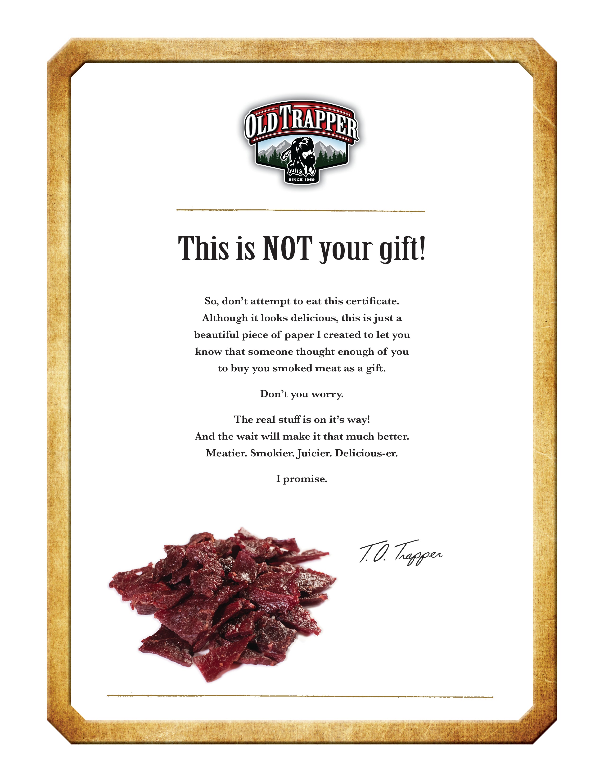 Order Certificate for Beef Jerky Gift Certificate Old Trapper