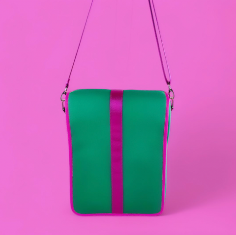 sidney bag, green with pink line in the middle.