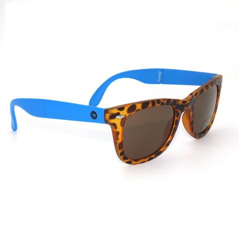 SUNGLASSES - TURQUOISE These sustainable foldable unisex sunnies offer classic style in a compact practical way.  With tortoise shell facial frames supported by folding coloured arms, they offer 100% UV400 shade protection, essential for keeping your eyes safe from the sun.  Weighing just 25g they come in a colour matched microfibre cleaning wipe and compact protection case.