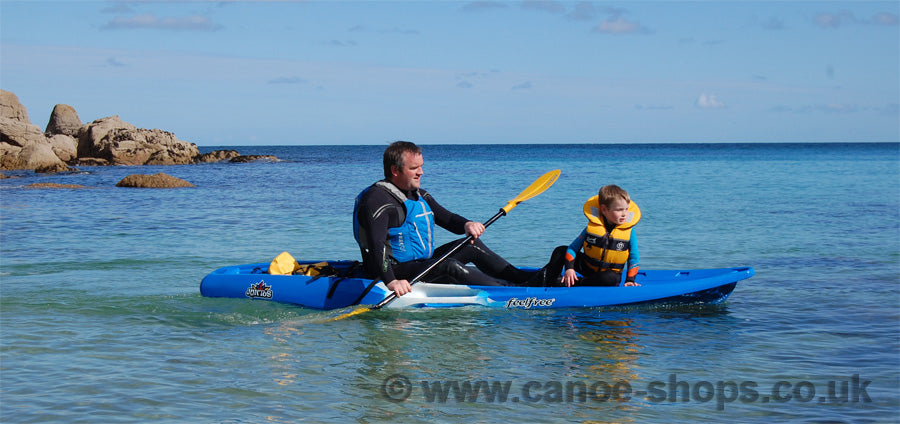 A child wearing a lifejacket on a kayak