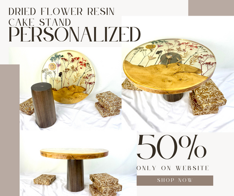 Custom Dried Flower Resin Cake Stand - A captivating display of preserved dried flowers on a wooden base, adding natural beauty to your cake presentation.