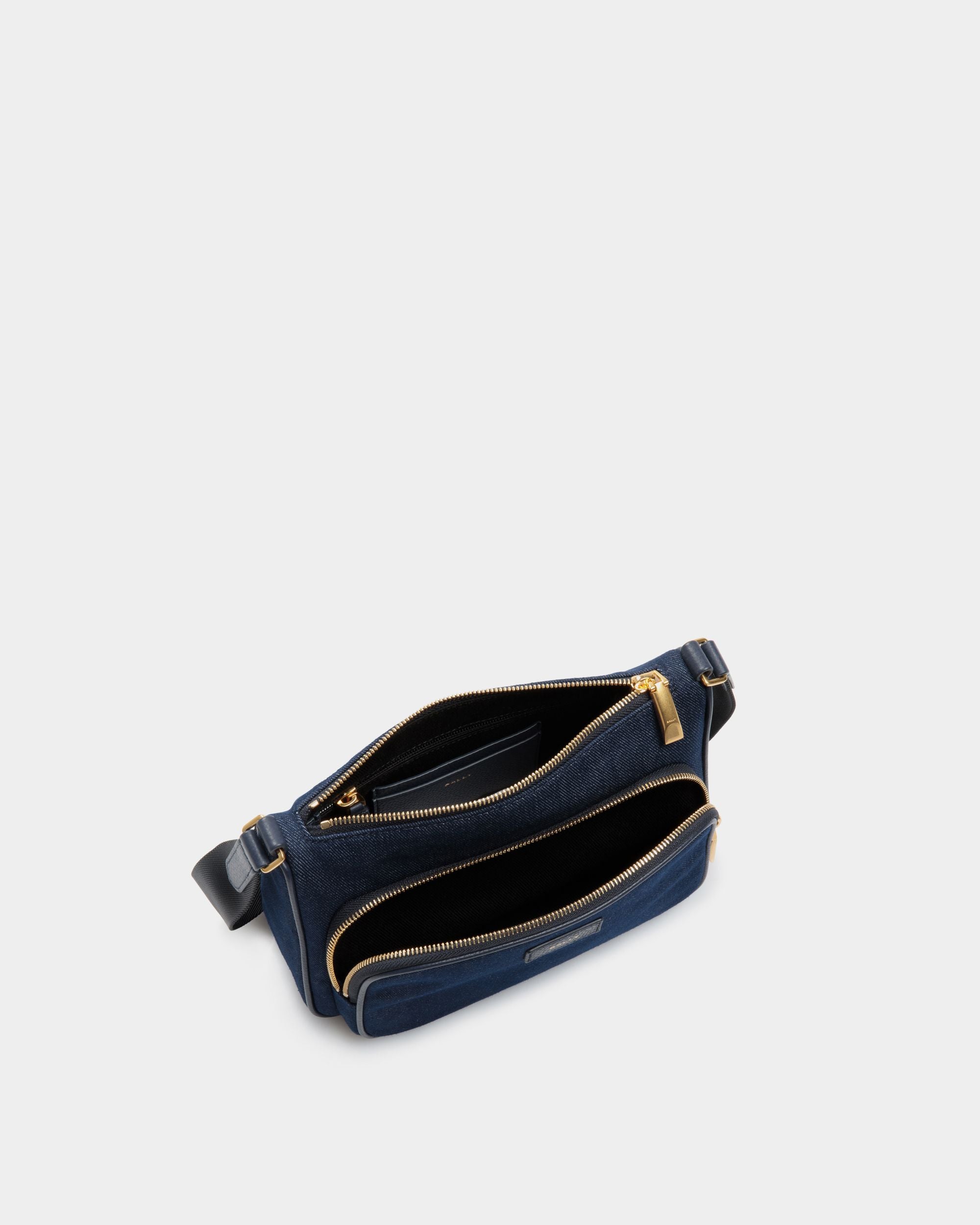 Bar | Men's Crossbody Bag in Blue Canvas And Leather | Bally | Still Life Open / Inside