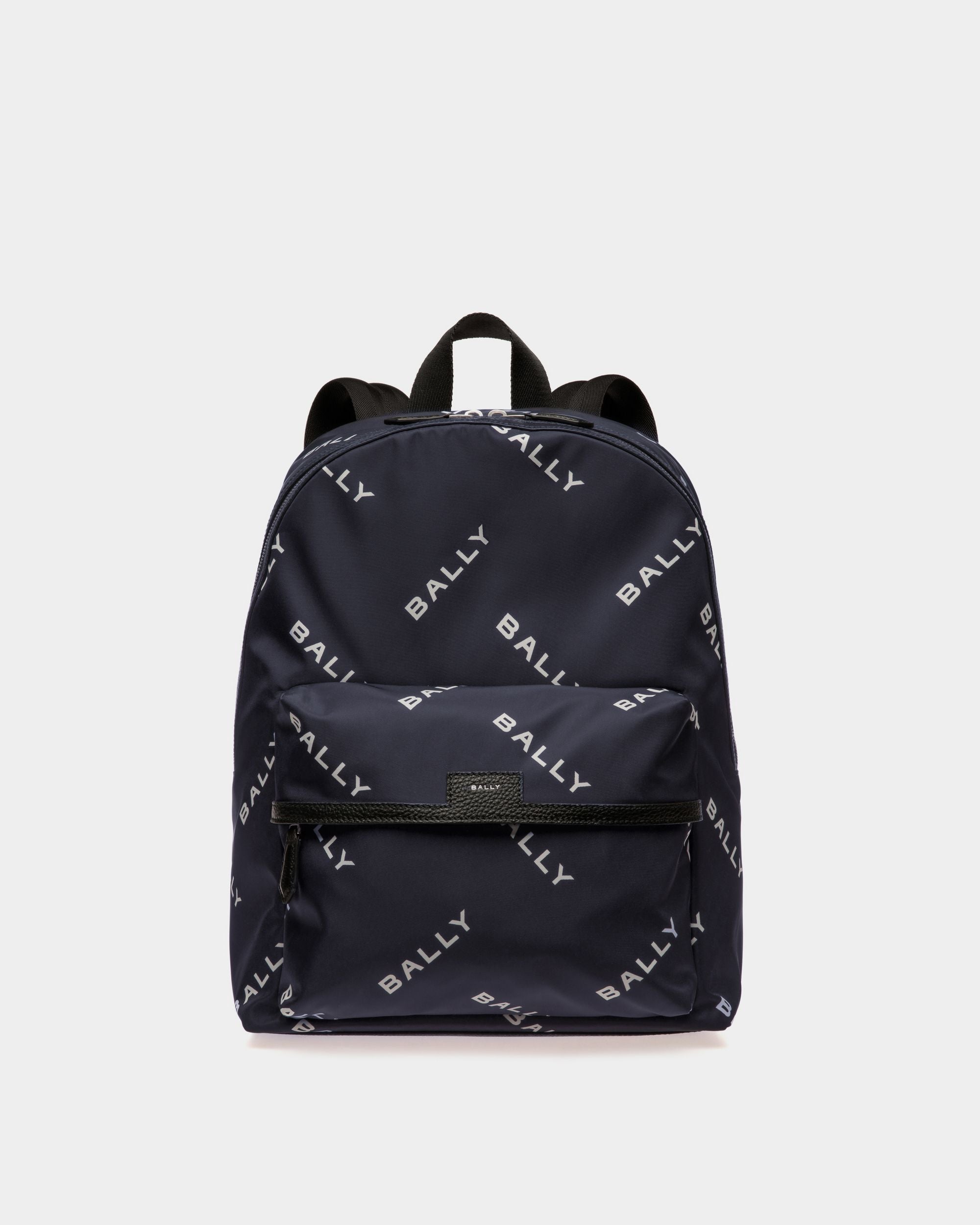 Code | Men's Backpack in Blue Printed Nylon | Bally | Still Life Front