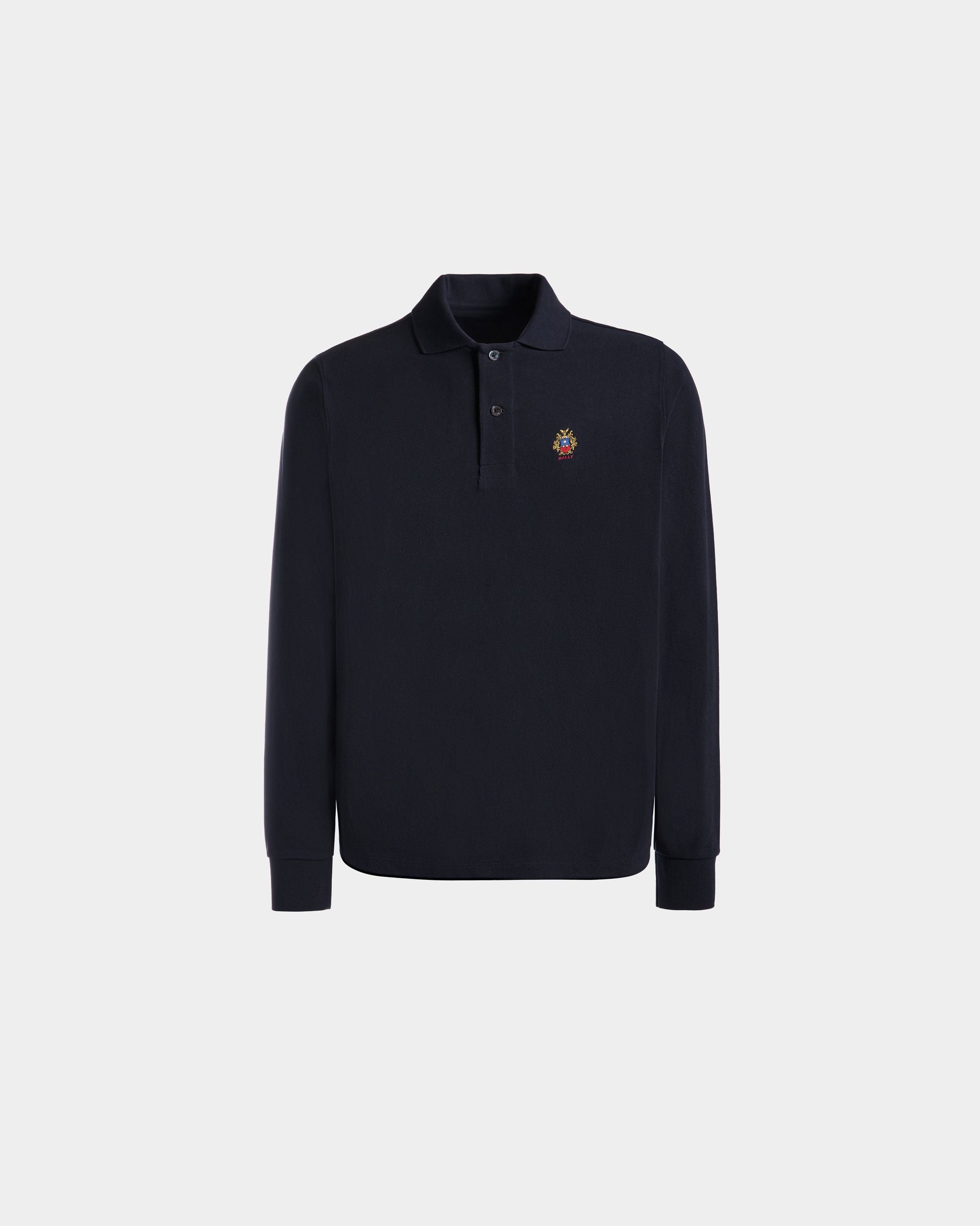 Men's Long Sleeve Polo Shirt in Navy Blue Cotton | Bally | Still Life Front