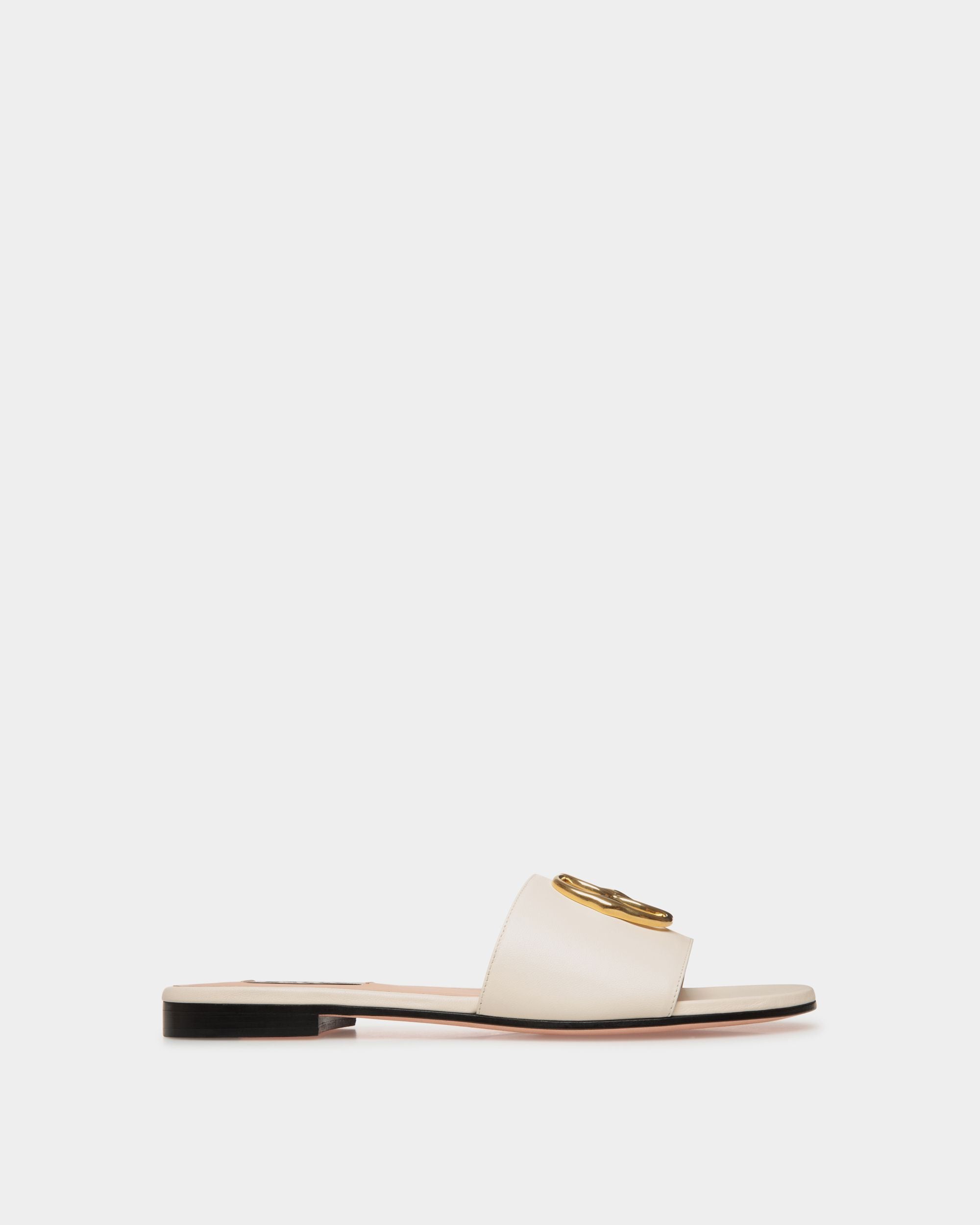 Emblem | Women's Flat Slide in White Nappa Leather | Bally | Still Life Side