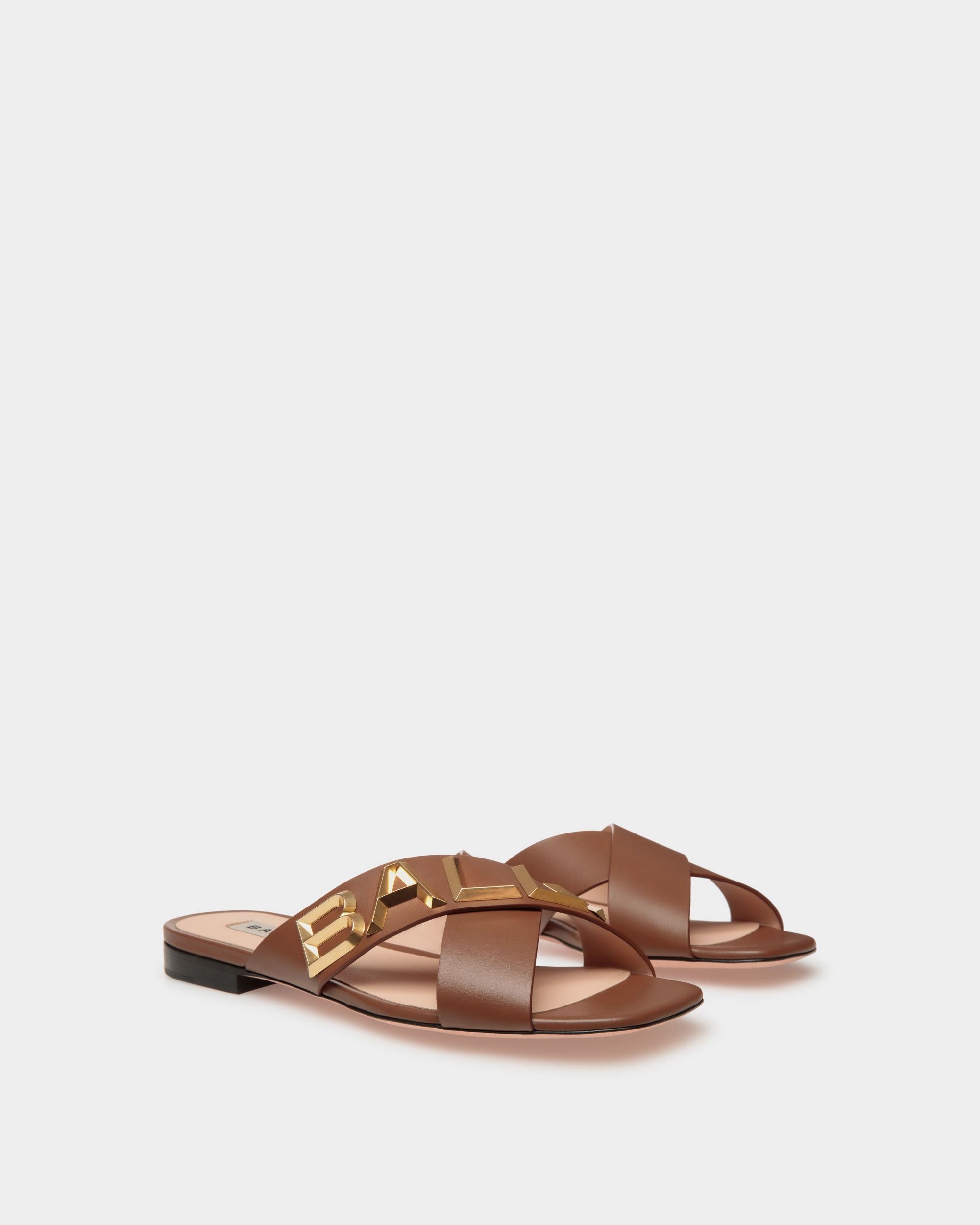 Bally Spell | Women's Flat Slide in Brown Leather | Bally | Still Life 3/4 Front