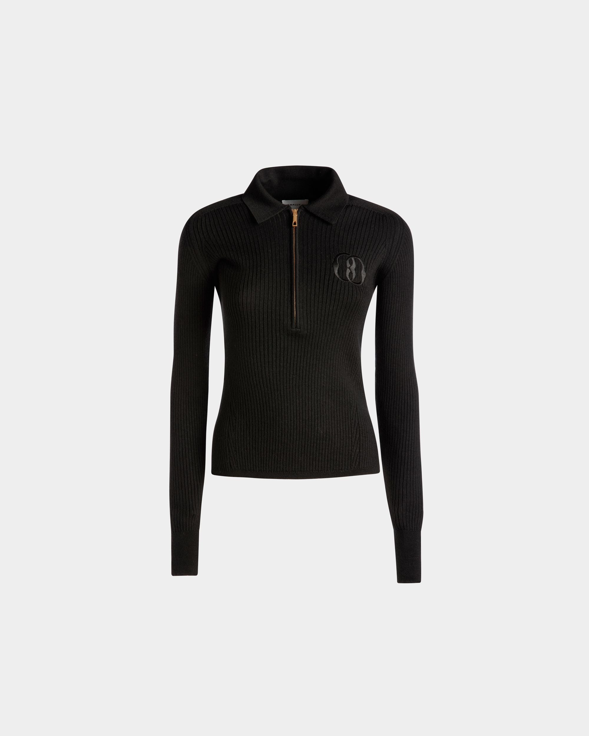 Long Sleeve Polo | Women's Polo Shirt | Black Wool | Bally | Still Life Front