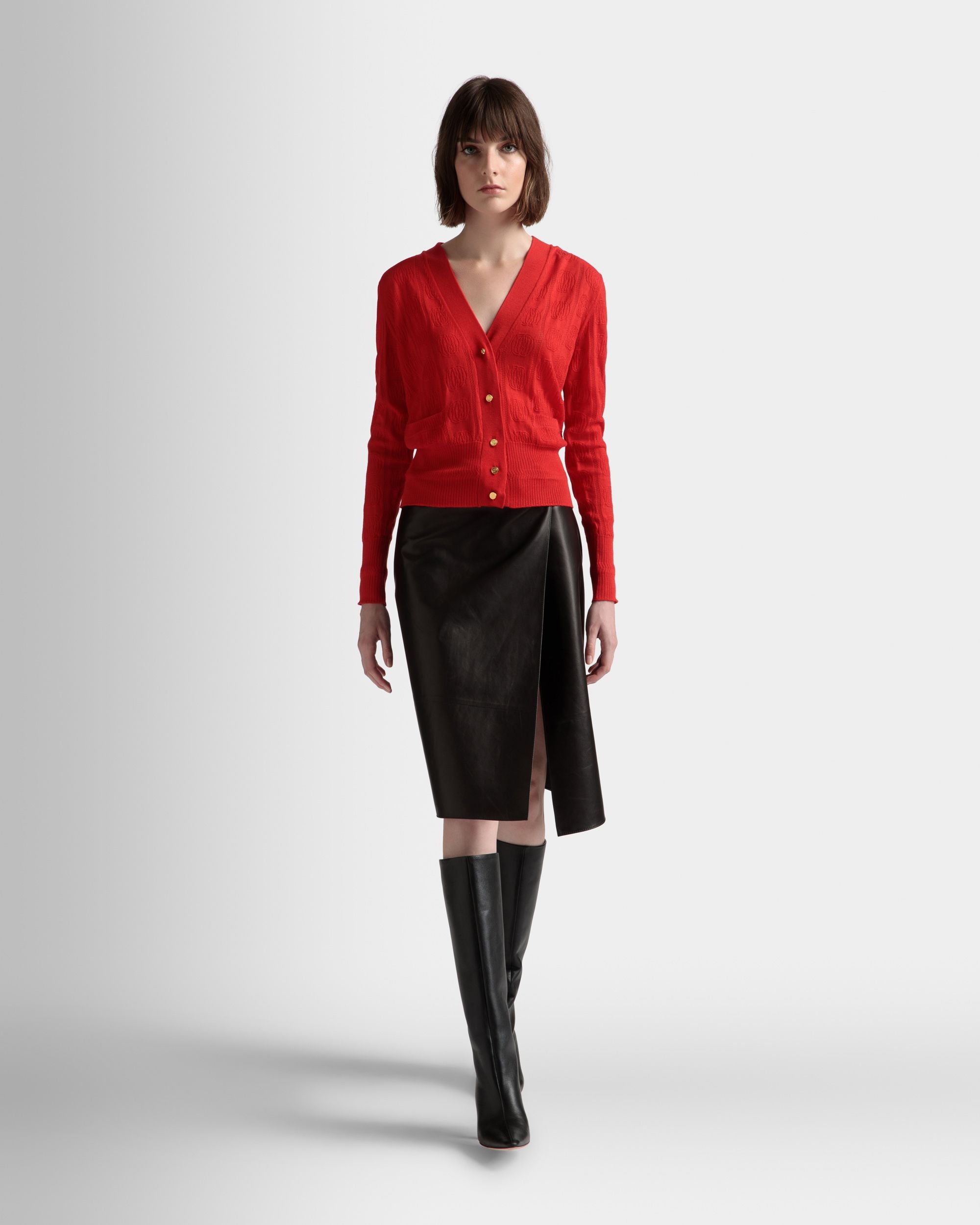 Knit Detail Cardigan | Women's Cardigan | Deep Ruby Wool | Bally | On Model Front