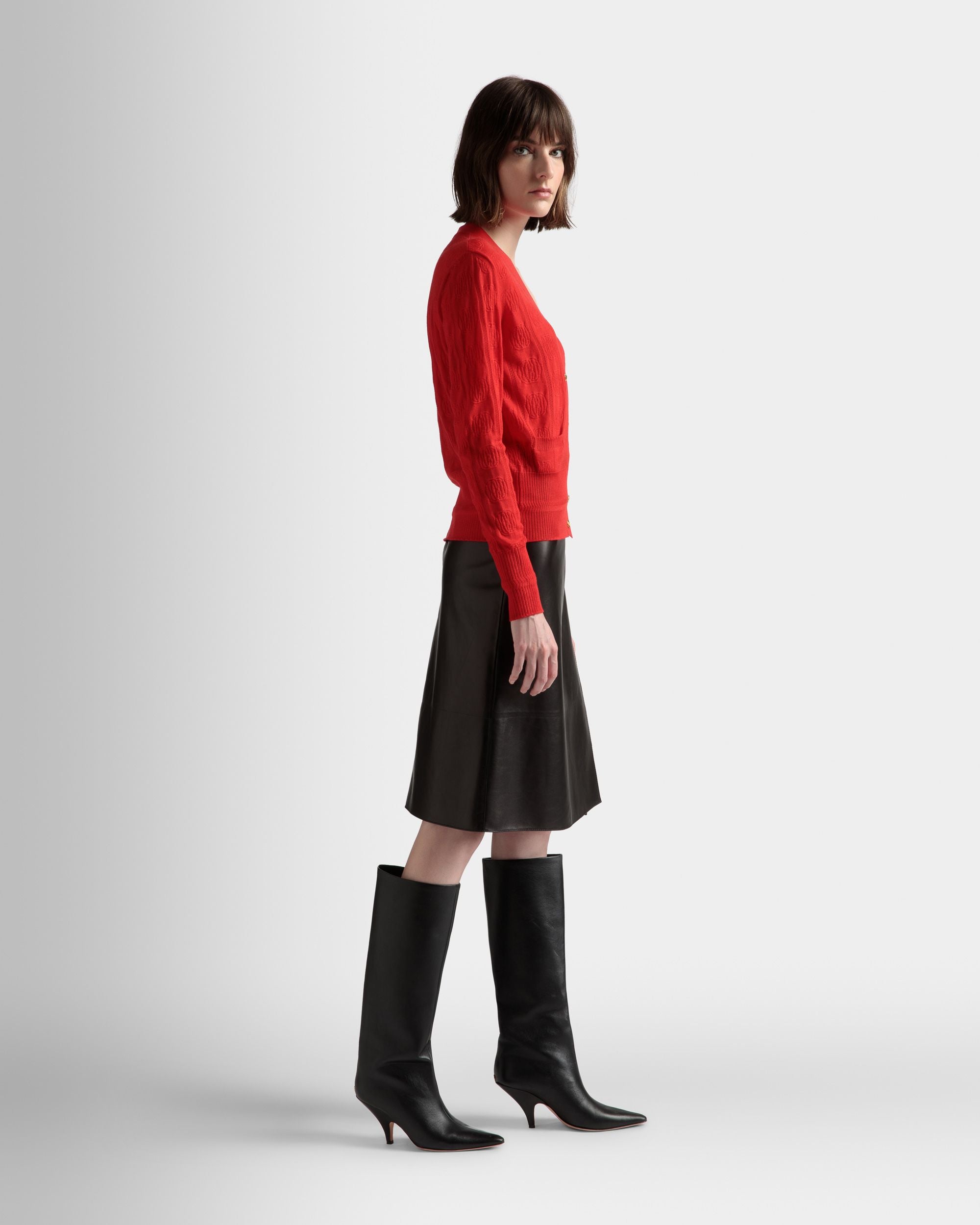 Knit Detail Cardigan | Women's Cardigan | Deep Ruby Wool | Bally | On Model 3/4 Front