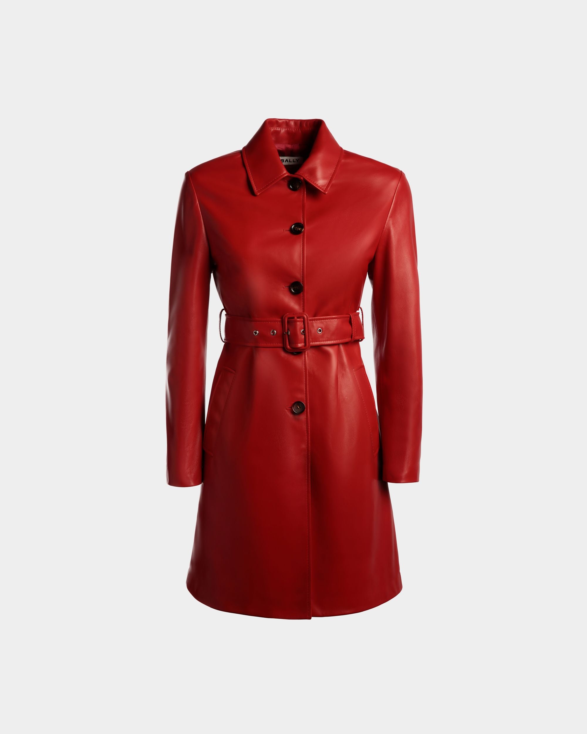 Women's Belted Midi Coat in Candy Red Leather | Bally | Still Life Front