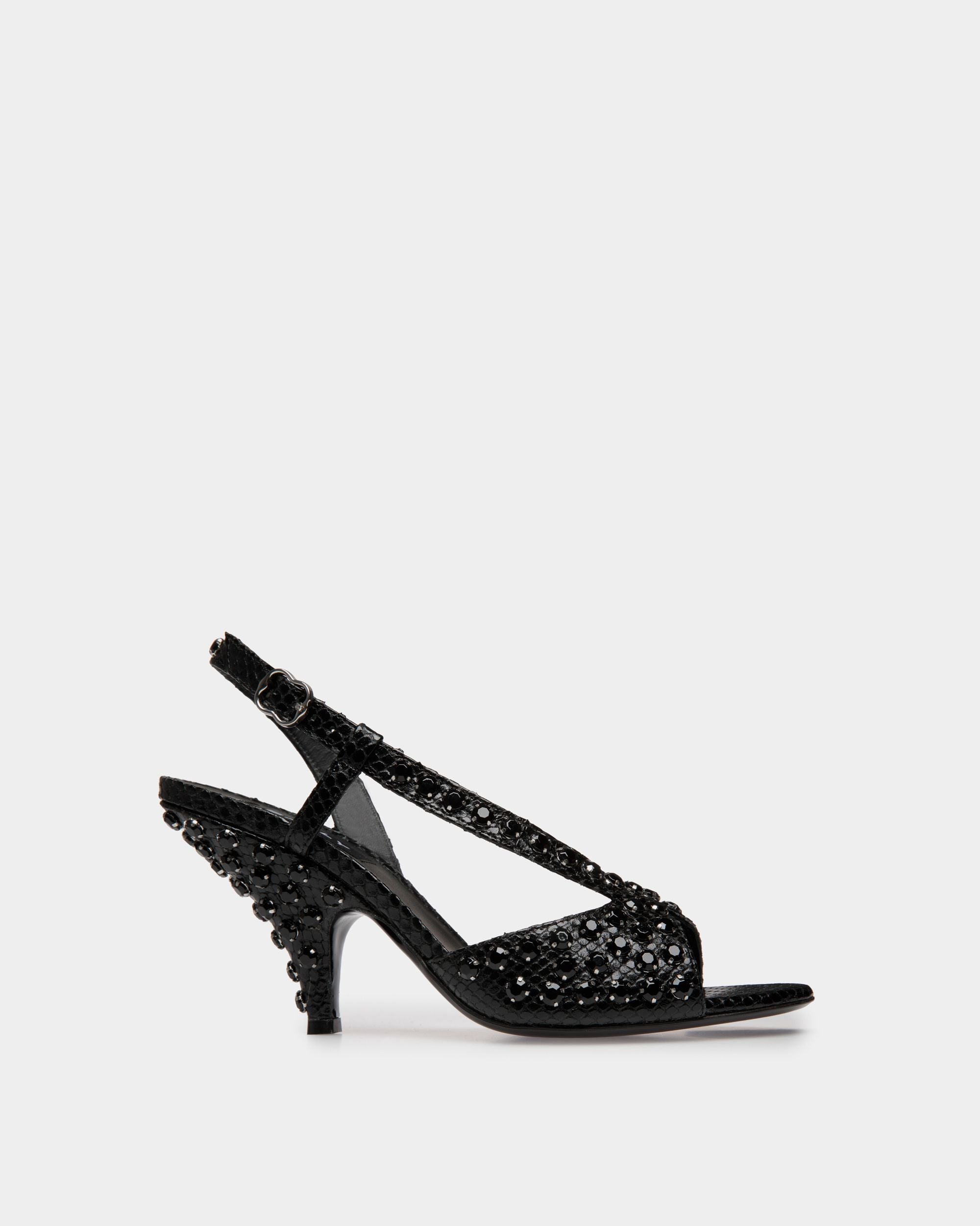 Katy | Women's Heeled Sandal in Black Python Printed Leather | Bally | Still Life Side