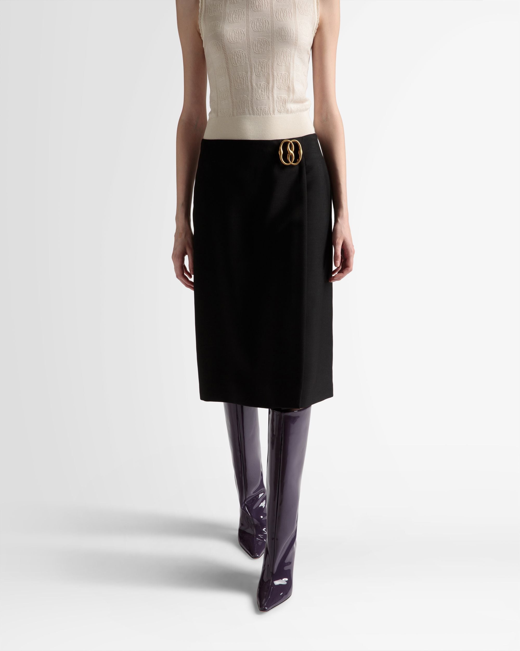Knee Length Wrap Skirt | Women's Skirt | Black Mohair Wool Mix | Bally | On Model Close Up
