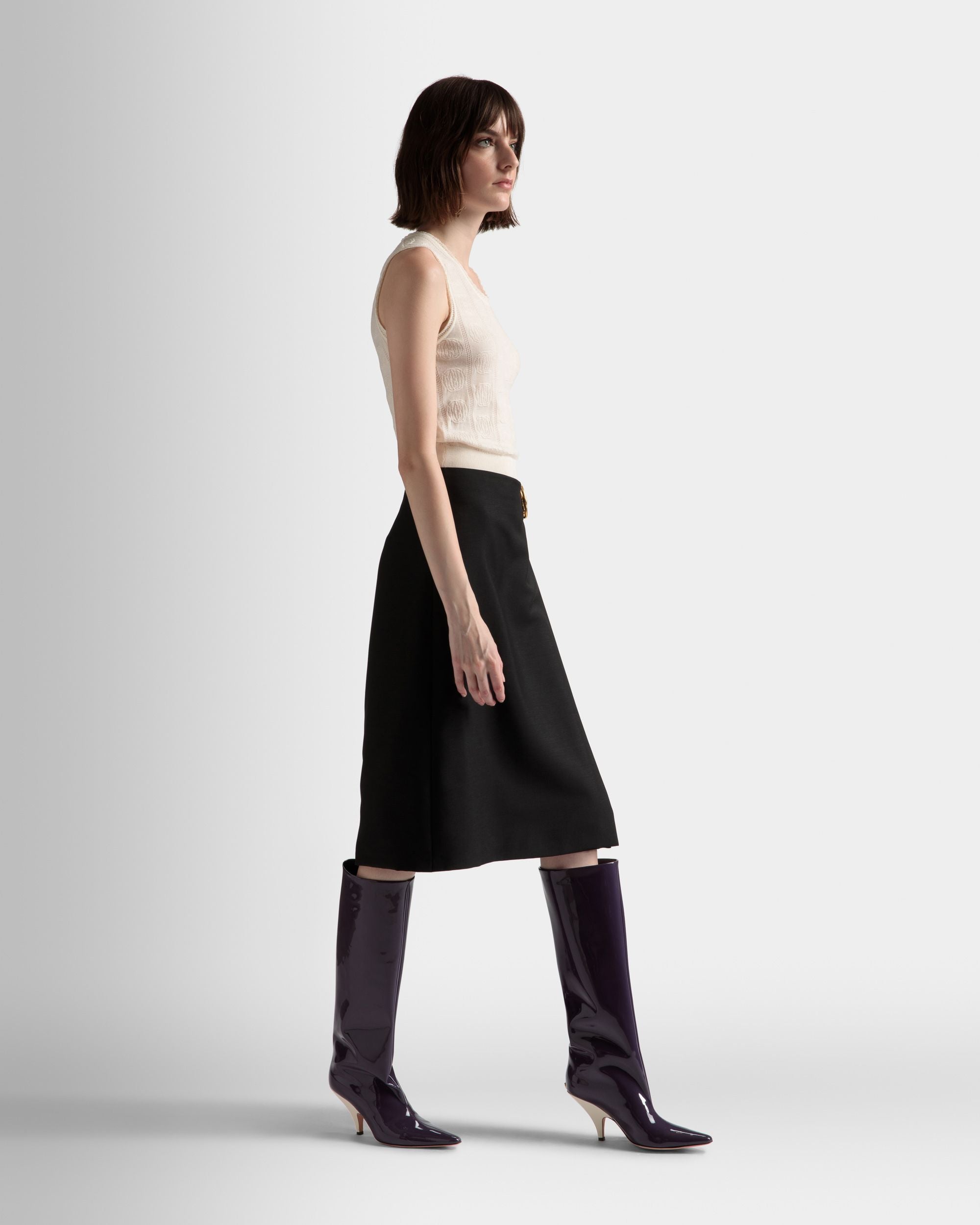 Knee Length Wrap Skirt | Women's Skirt | Black Mohair Wool Mix | Bally | On Model 3/4 Front