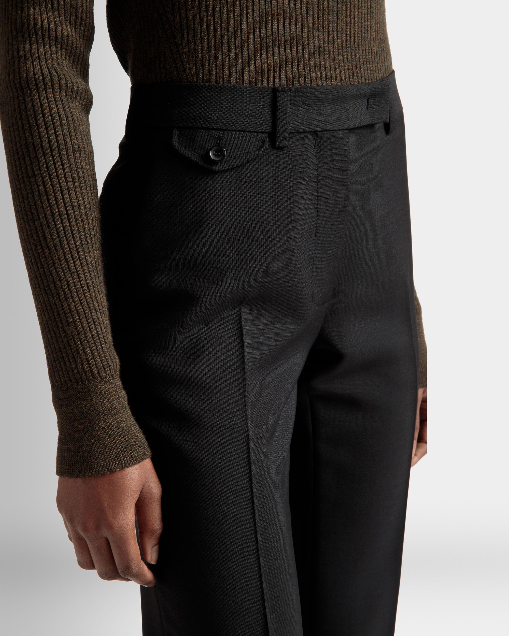 Tailored Straight Leg Pants | Women's Pants | Black Mohair Wool | Bally | On Model Detail