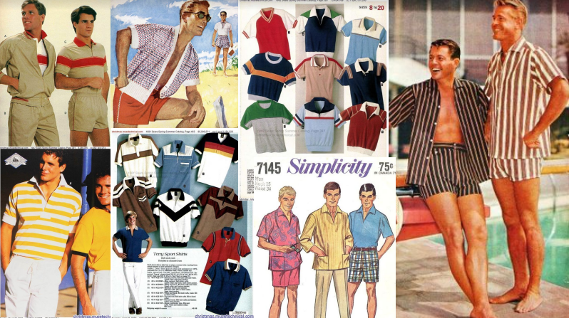 Multiple collage of images. Vintage style men wearing stripy polo shirts and shirts in various colours including blue, yellow, green.