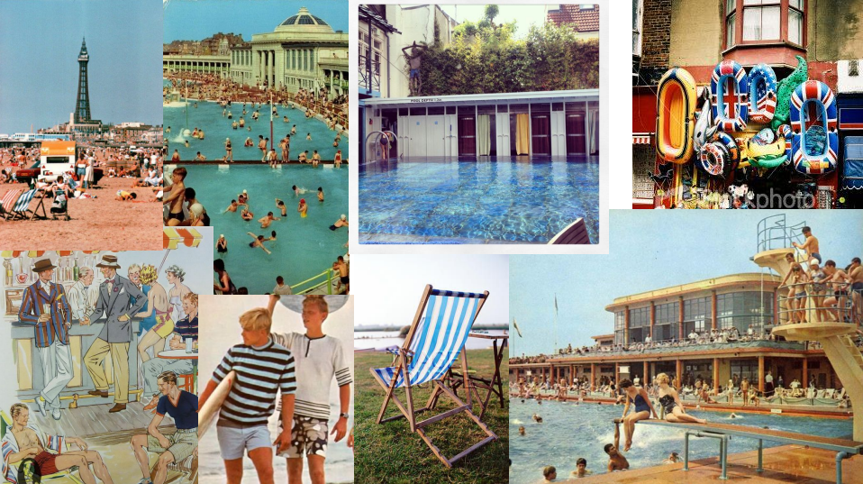Collage of vintage beach and swimming pool images. 1950s, 1960s, 1970s style.
