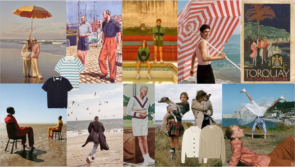 Collage of images. Images of models posing on beaches. Some models running, some running sitting on chairs on beaches. 