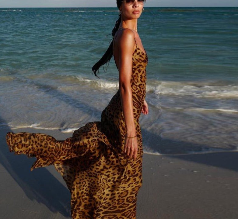 Animal Printed Spaghetti Strap Long Dress