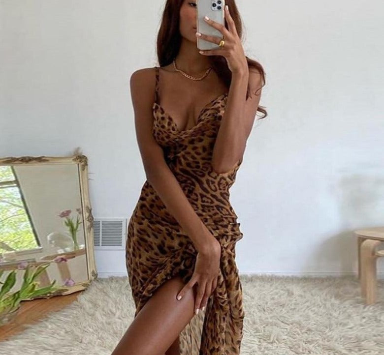 Animal Printed Spaghetti Strap Long Dress