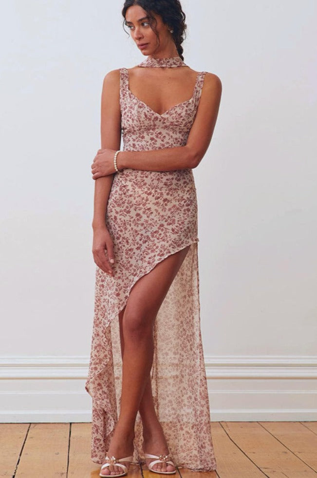 Asymmetrical Halter Backless Floral Print Chiffon Maxi Dress