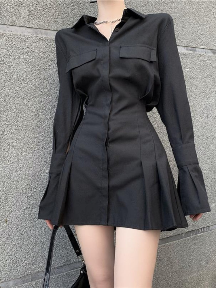 Black Long Sleeve Pleated Turn-down Collar Shirt Dress