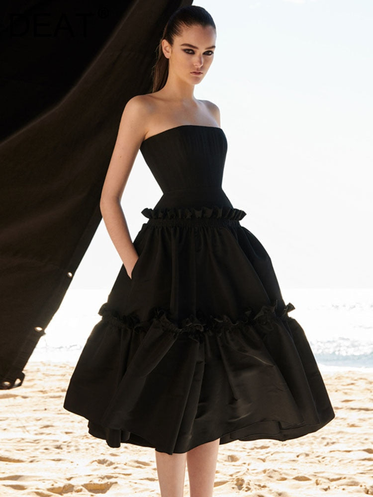 Black Ruffles Strapless Sleeveless A-line Midi Dress