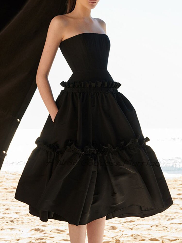 Black Ruffles Strapless Sleeveless A-line Midi Dress