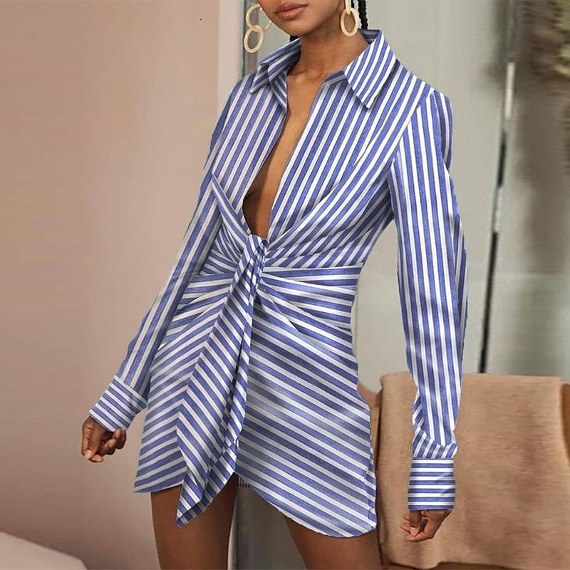 Blue Turn-Down Collor Striped Shirt Dress