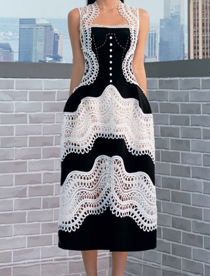 Contrast Color Lace Sleeveless Elegant Midi Dress