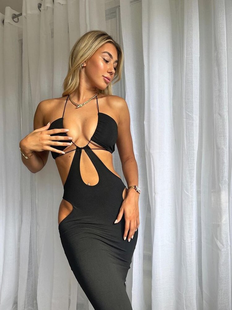 Cut Out Sleeveless Backless Halter Long Dress