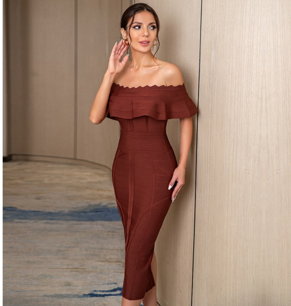 Off Shoulder Bodycon Solid Midi Dress