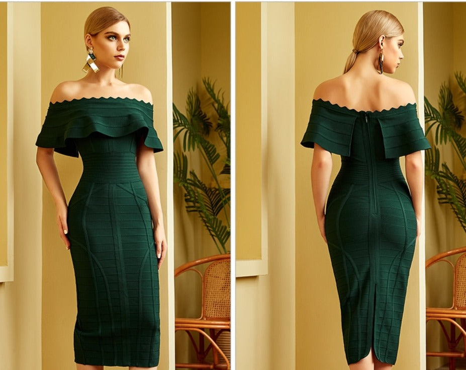 Off Shoulder Bodycon Solid Midi Dress