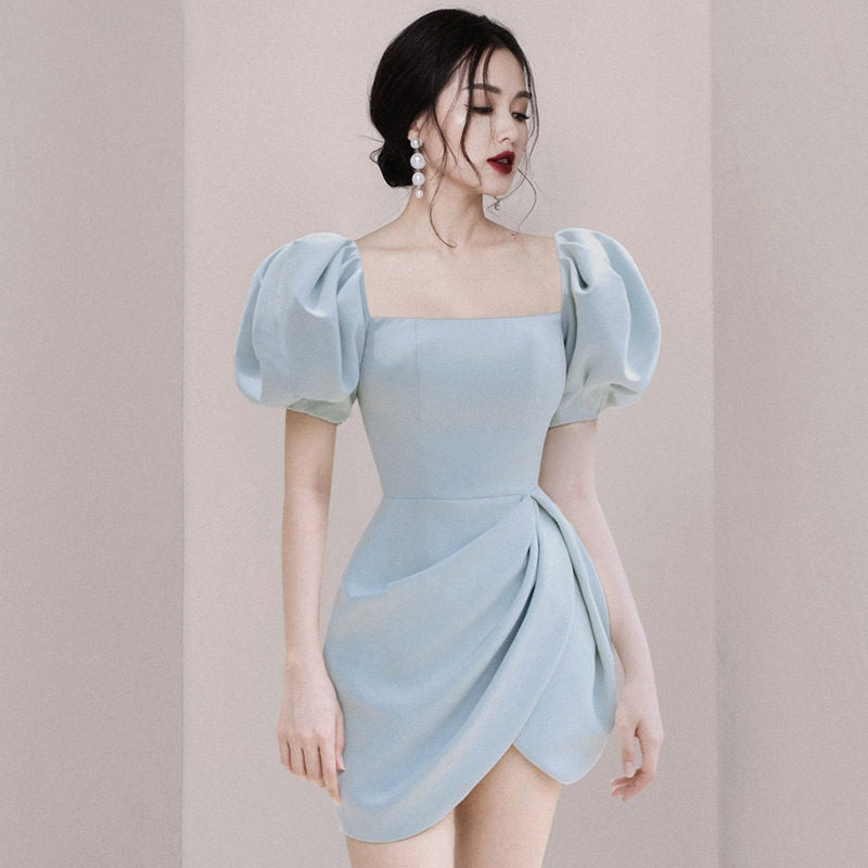 Puff Sleeve Off Shoulder Solid Color Mini Dress