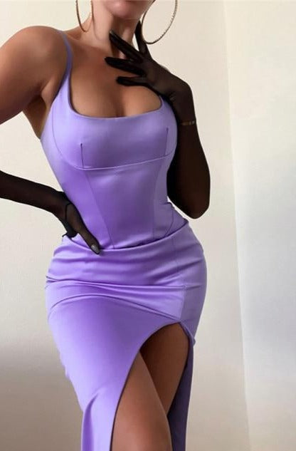 Satin Sleeveless Split Solid Midi Dress