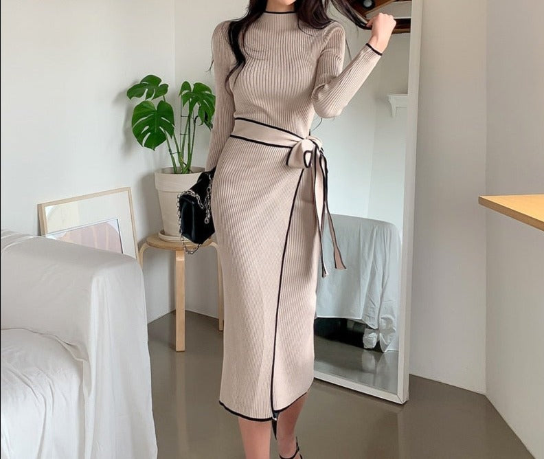 Waist Lace-Up Full Sleeve Solid Midi Dress