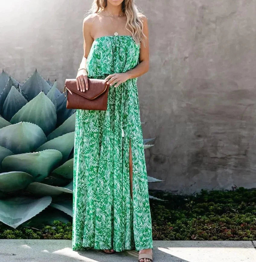 Leaves Printed Women Ruffles Backless Split Green Dress