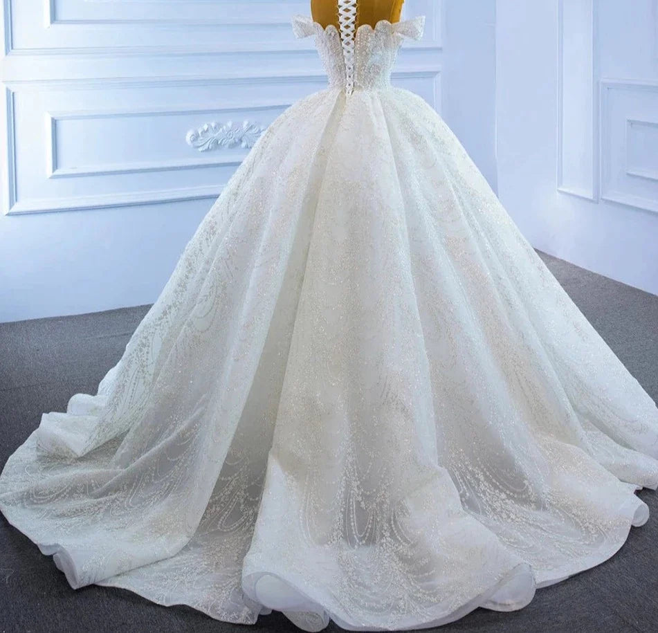 White Princess Dress Beading O-Neck Lace Up Bridal Dress