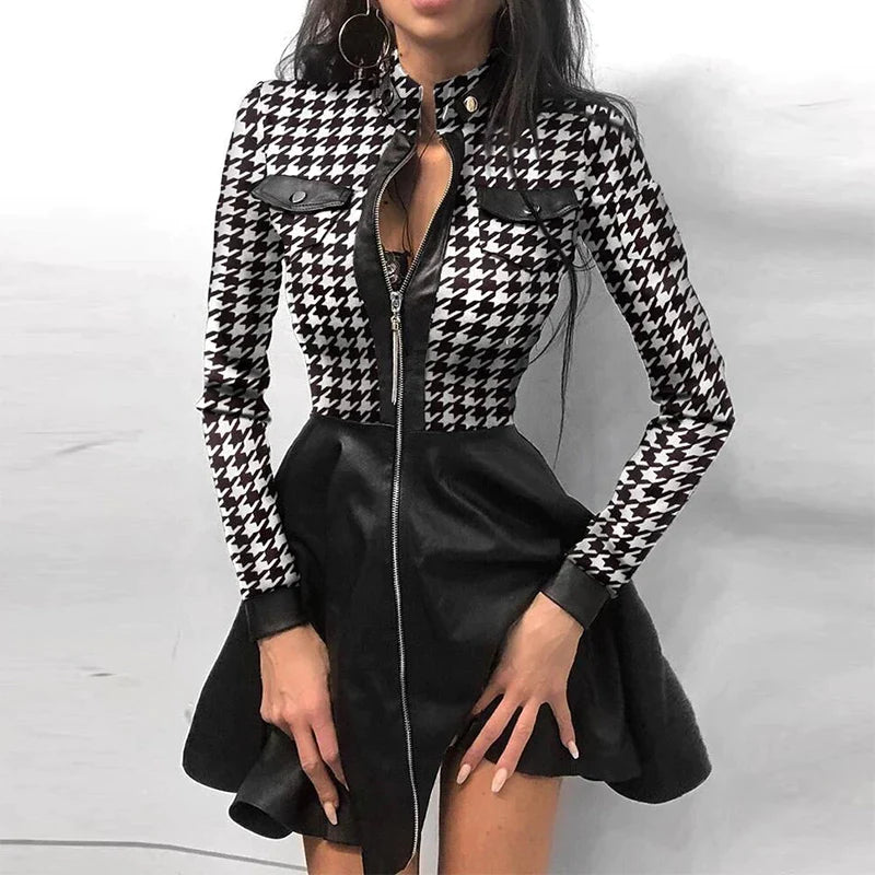 Stand Collar Zipper Pockets PU Leather Lace Mesh Mini Dress