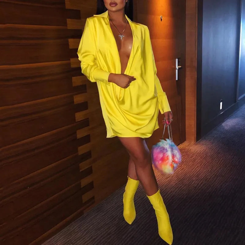 Low Cut V Neck Yellow Long Sleeve Loose Mini Dress