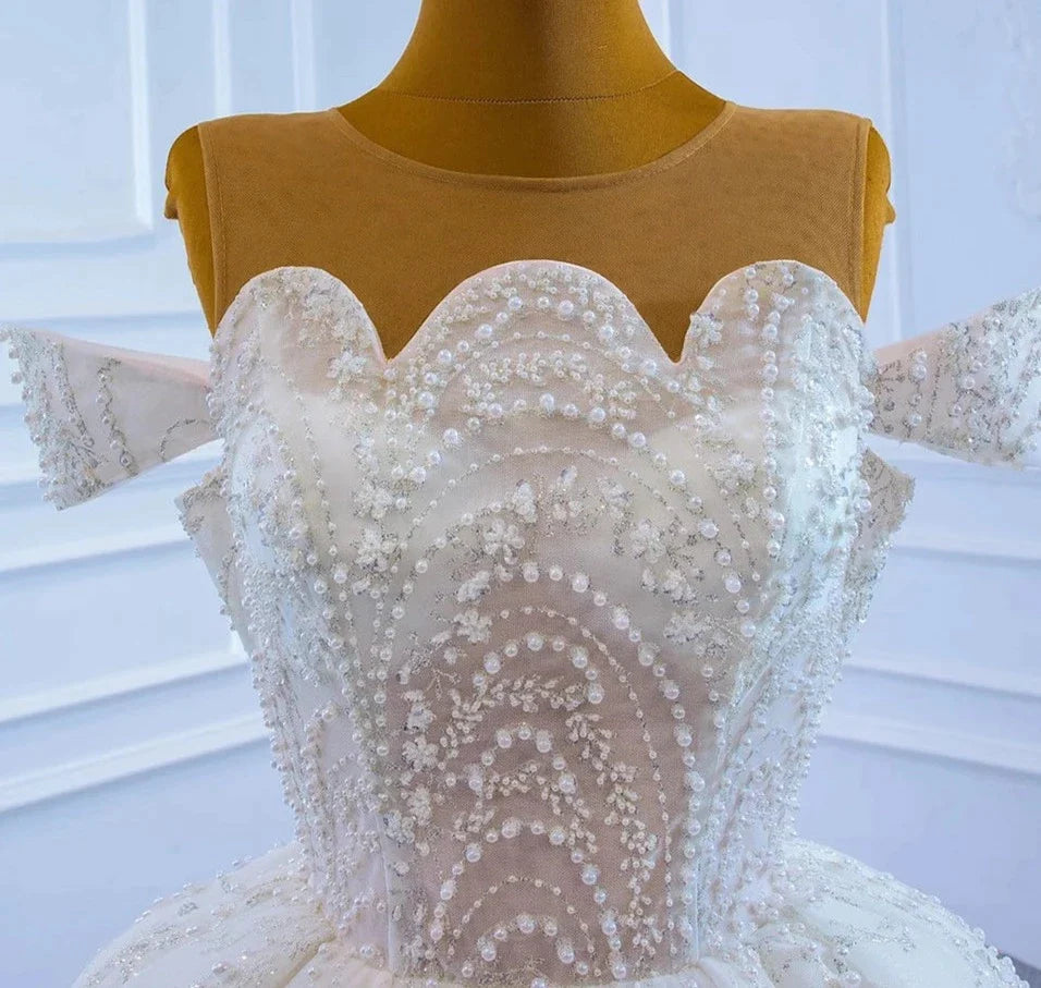 White Princess Dress Beading O-Neck Lace Up Bridal Dress